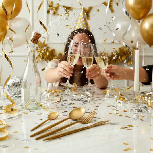 Stainless steel gold cutlery set on a celebration table with gold balloons and confetti.