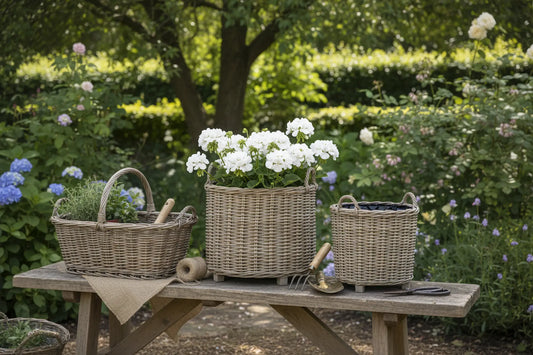 Kubu rattan planters white geraniums rustic bench dappled sunlight UK country garden
