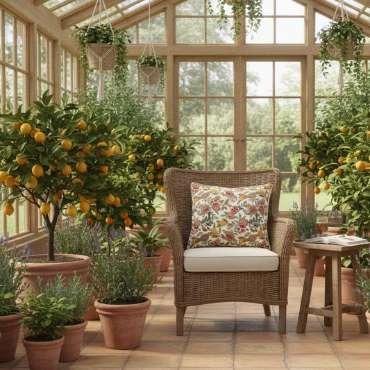 Lemon pomegranate cushion wicker chair conservatory botanical garden UK home