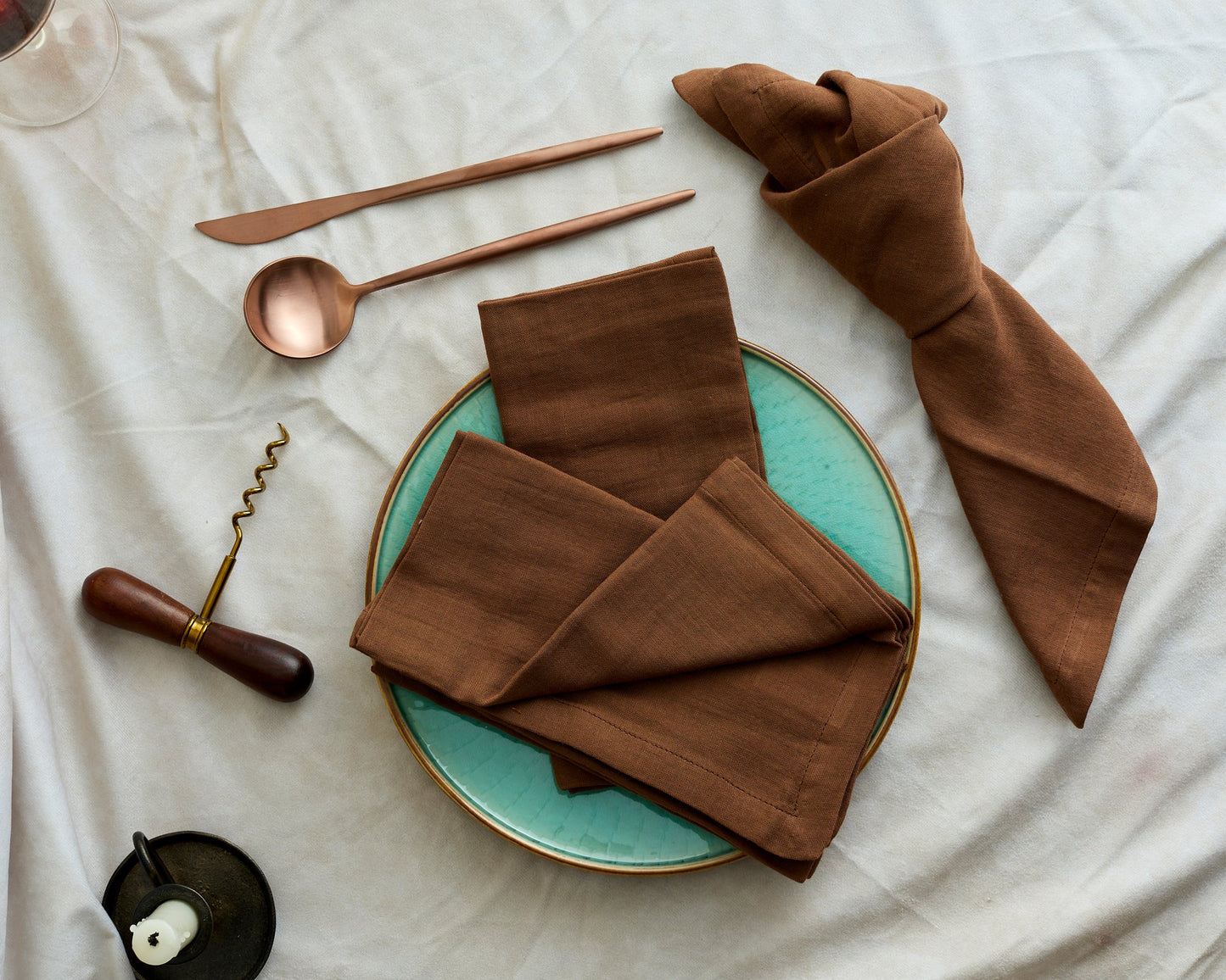 Muslin cotton napkins set of 4 Branwell Brown Rustic styled in rustic table setting with soulful charm