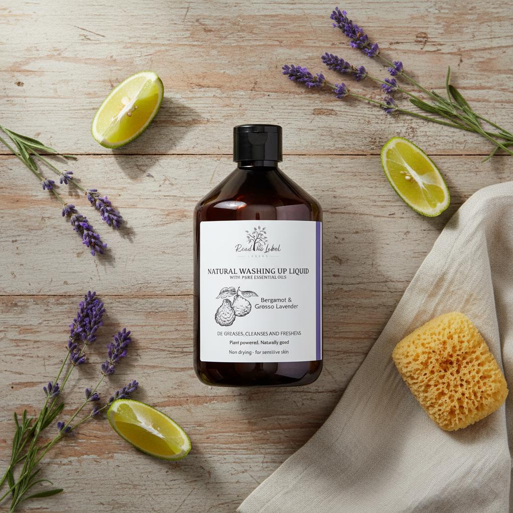 Natural Washing Up Liquid Bergamot Grosso Lavender Botanical Flat Lay UK