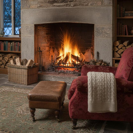 Ombersley willow basket rustic farmhouse stone hearth roaring fire country UK