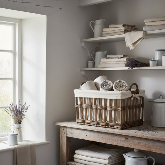 Ashcombe openwork wicker laundry basket small 40cm antique wash showing breathable weave design UK