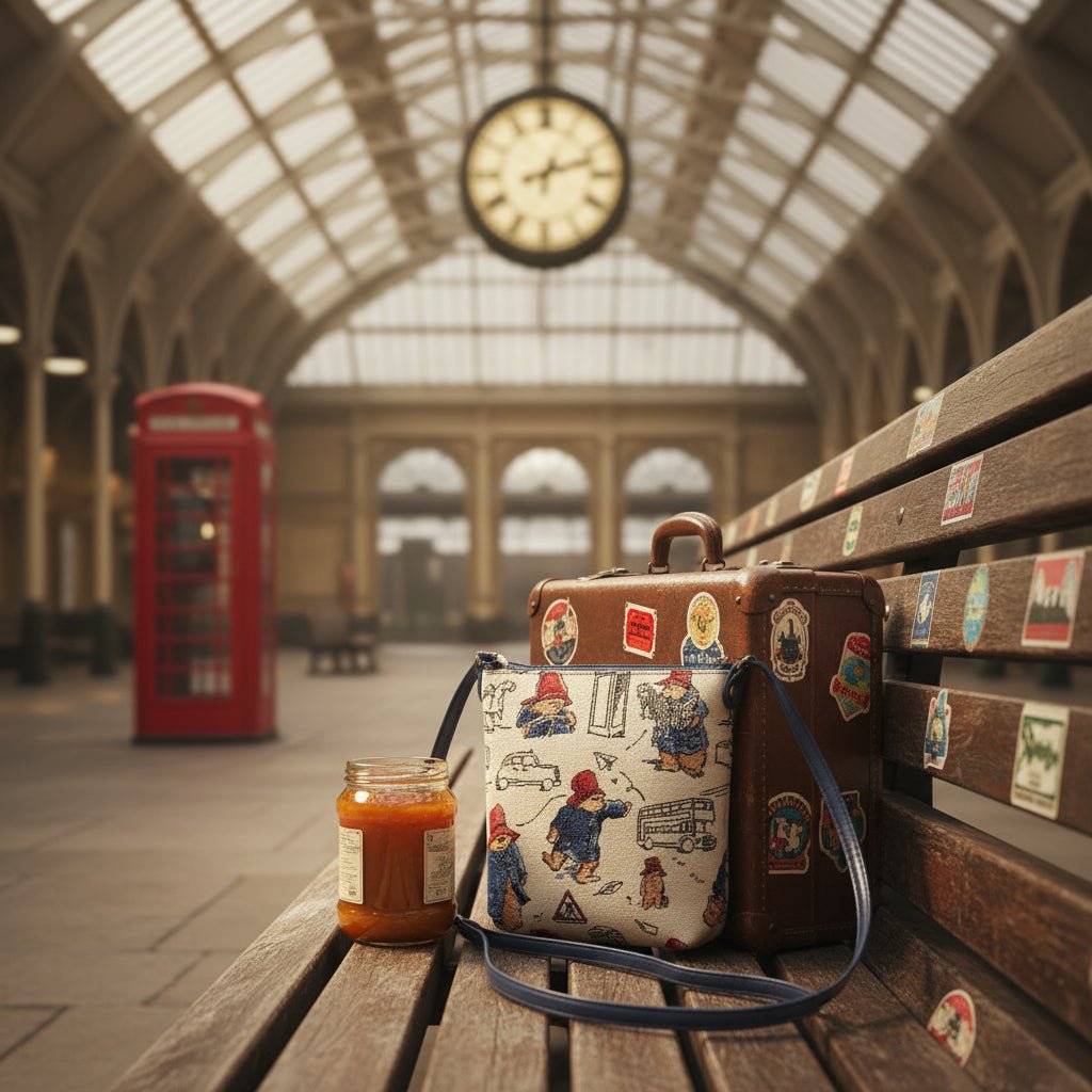 Paddington Bear™ sling bag on station bench with marmalade jar, suitcase, and red phone box in background