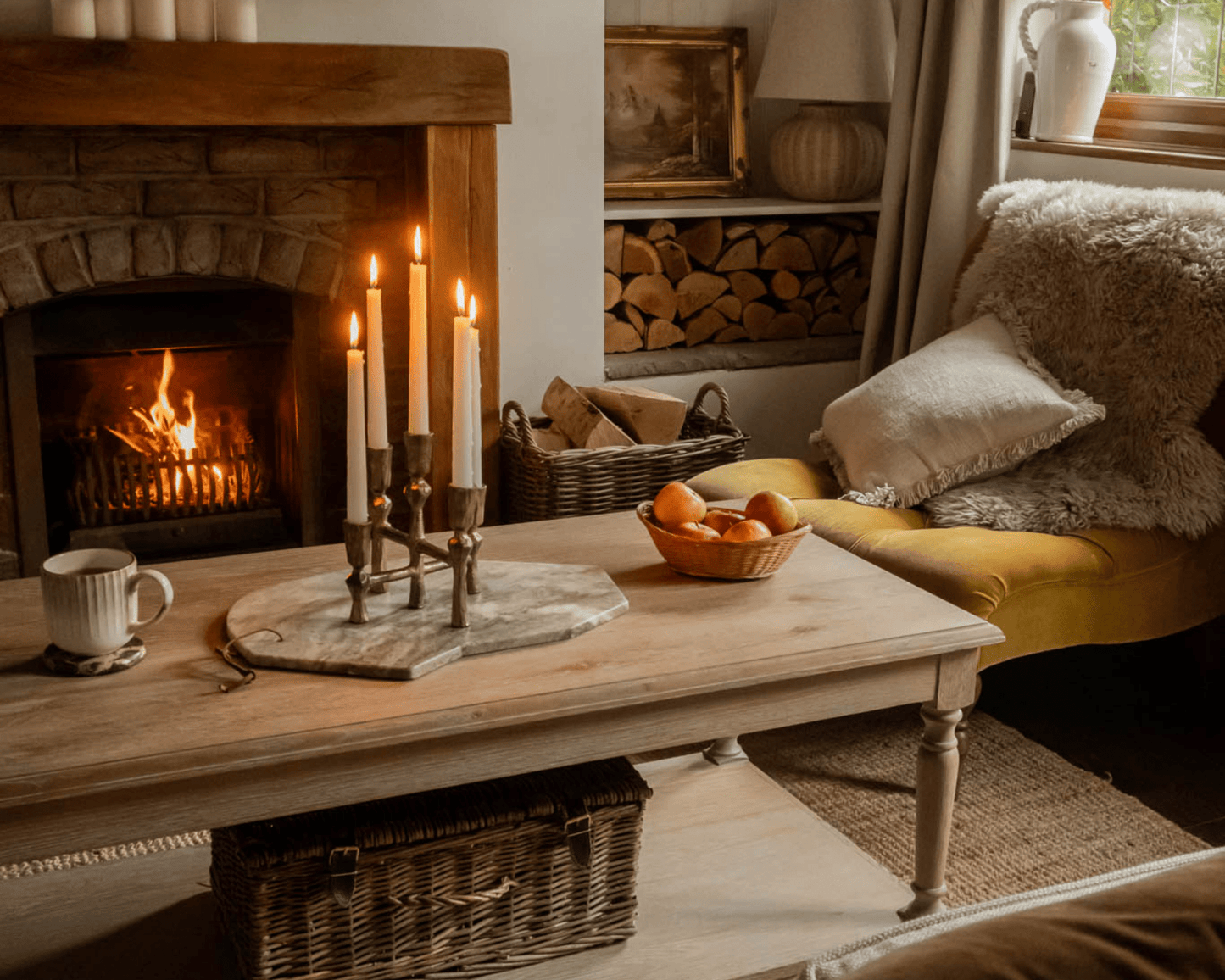 Pembroke iron candelabra five arm candleholder styled in country cosy lounge lifestyle view