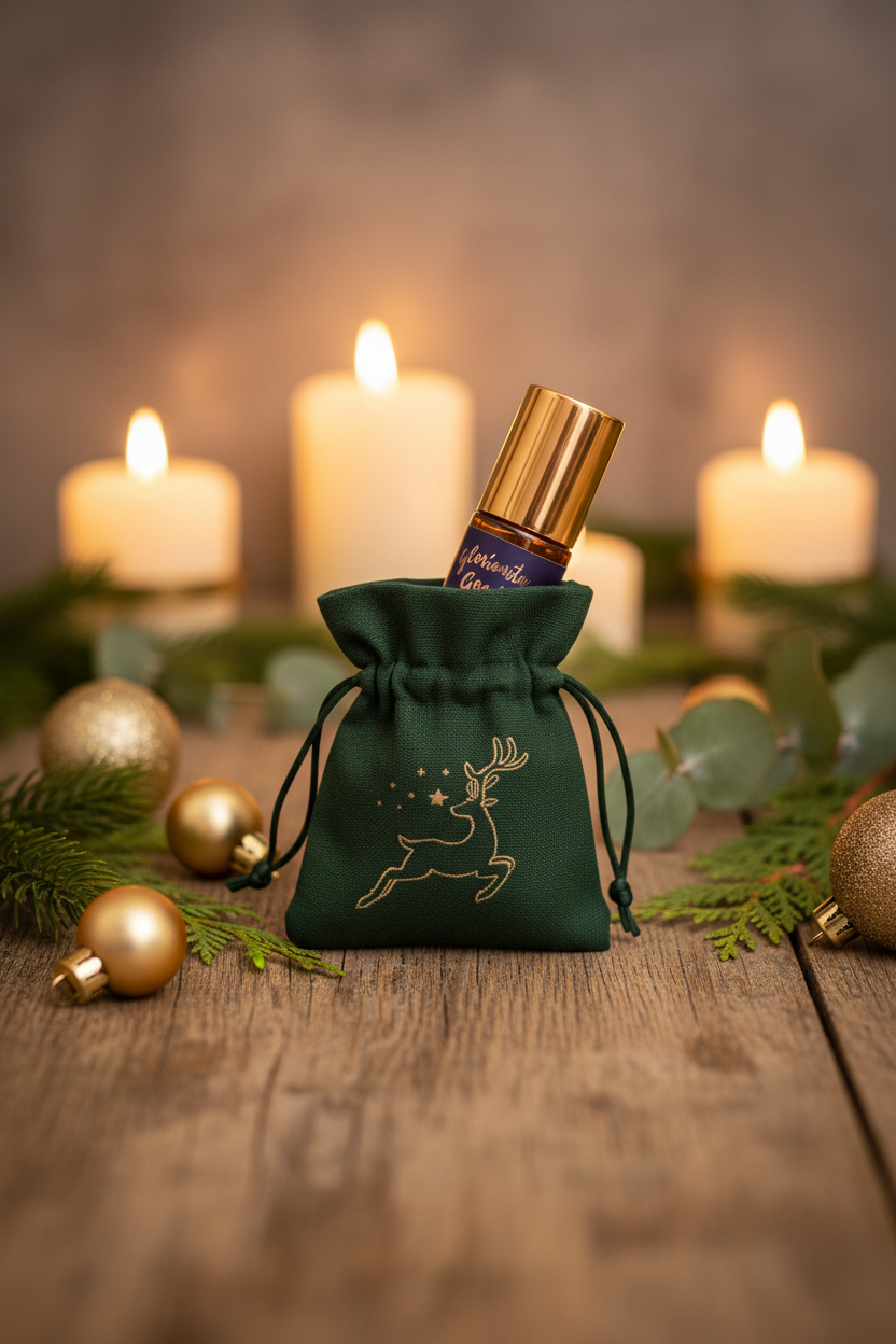 Peppermint eucalyptus pine roll-on Christmas aromatherapy gift on table with candles, baubles and fir sprigs