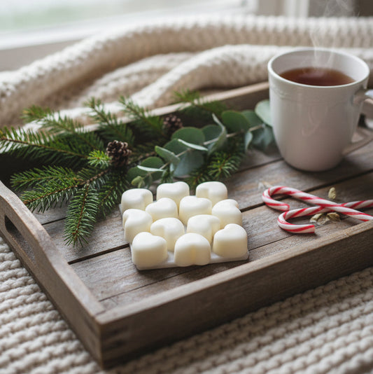Peppermint eucalyptus pine wax melts on tray with caddy sticks, sprigs, black coffee and throw