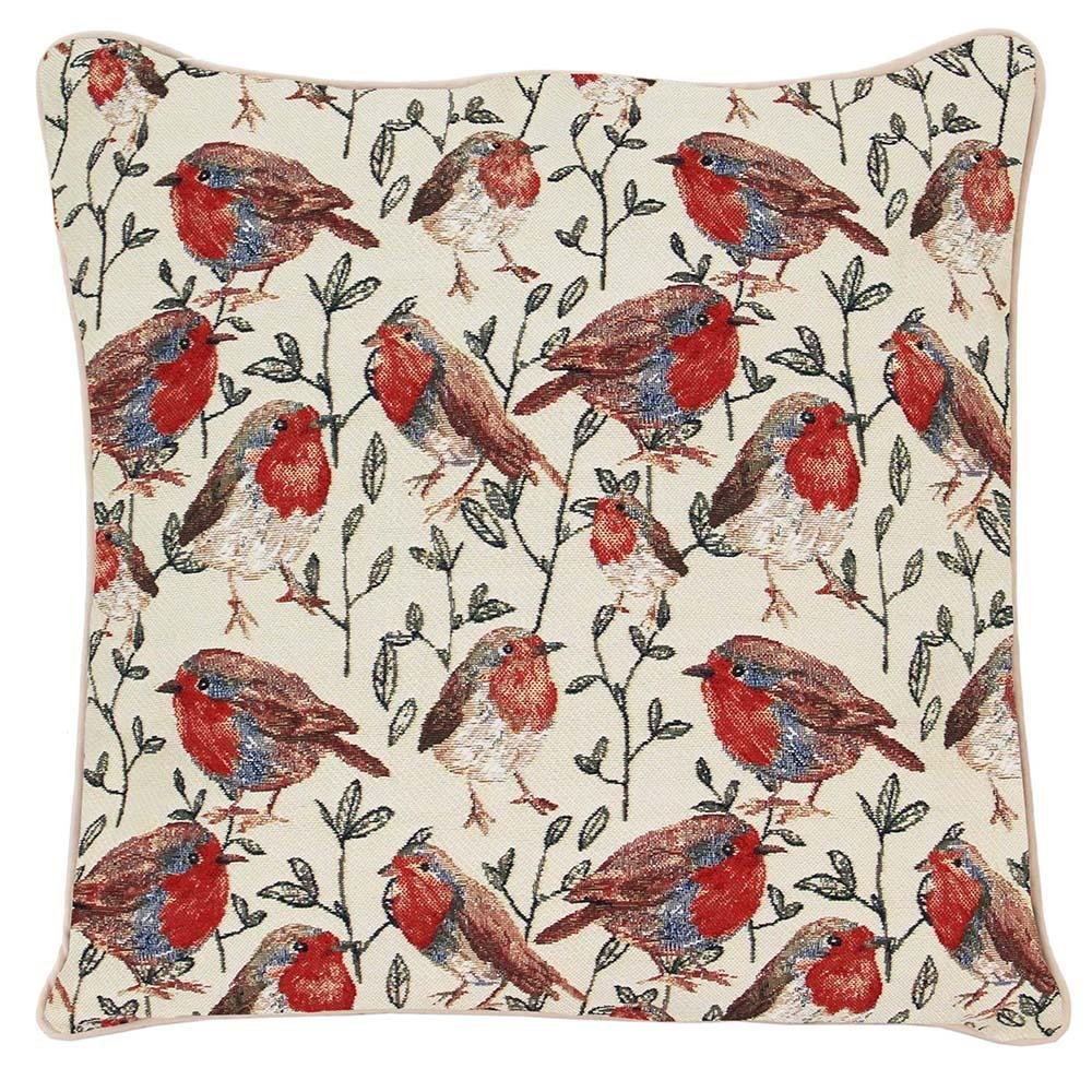 Robin tapestry cushion cover on white background, warm tones, woodland style, 45cm square, rustic countryside home décor