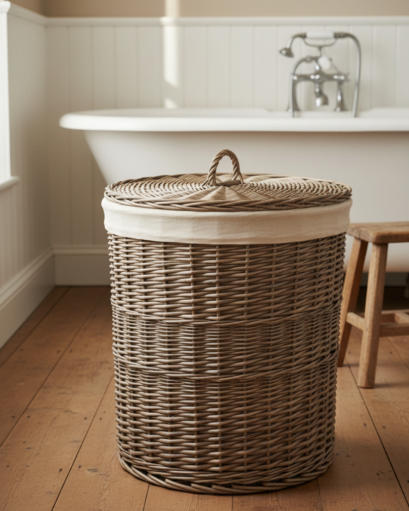 Round wicker laundry basket with lid bathroom storage heritage UK