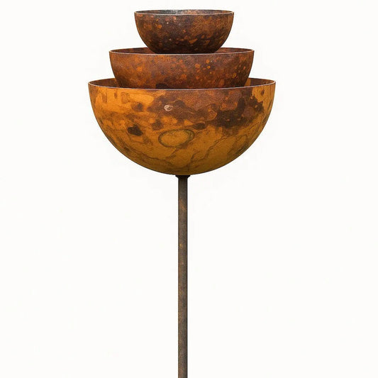 Rusted metal fountain stake 100cm weathered patina three-tier rain catcher birdbath UK