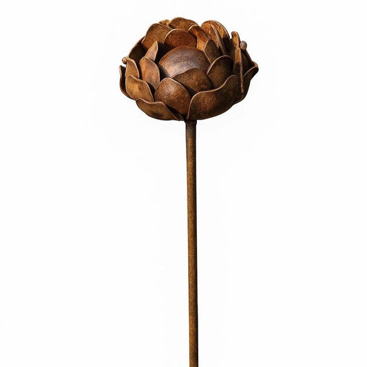 Rusted metal peony garden stake 100cm tall slender stem heritage cottage garden ornament UK