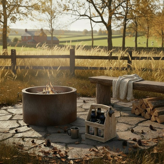 Rustic beer caddy with opener beside firepit on autumn day, wooden bench with throw and logs beneath.