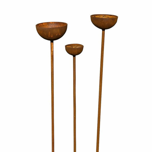 Rusty rain catcher garden stakes trio cottage garden border farmhouse British countryside UK