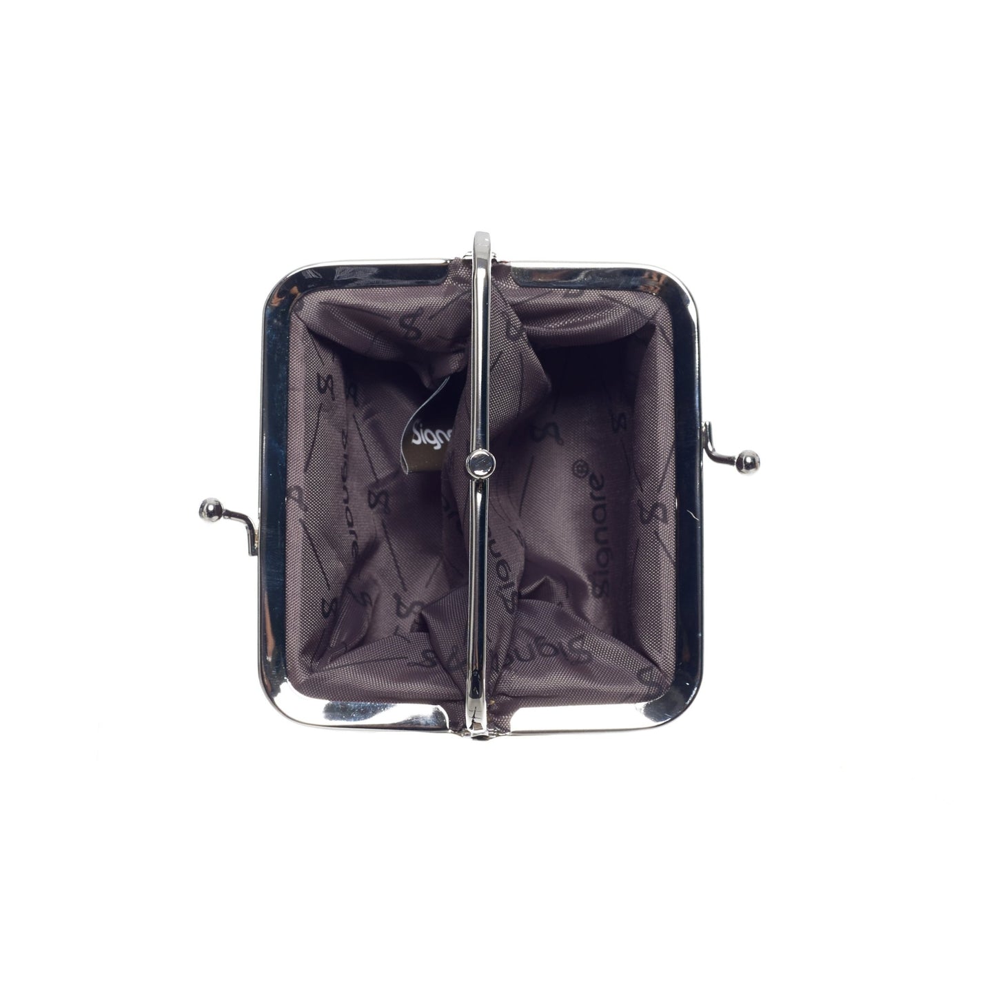 Inside view of Scottie Dog tapestry frame purse showing clasp, lining and two compartments