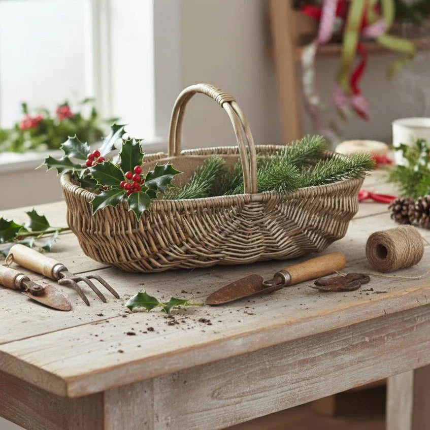 Antique wash willow garden trug holly stems cottage kitchen table UK