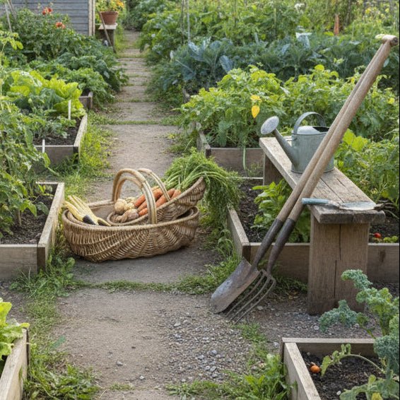 Shallow garden trug vegetables carrots potatoes harvest basket UK