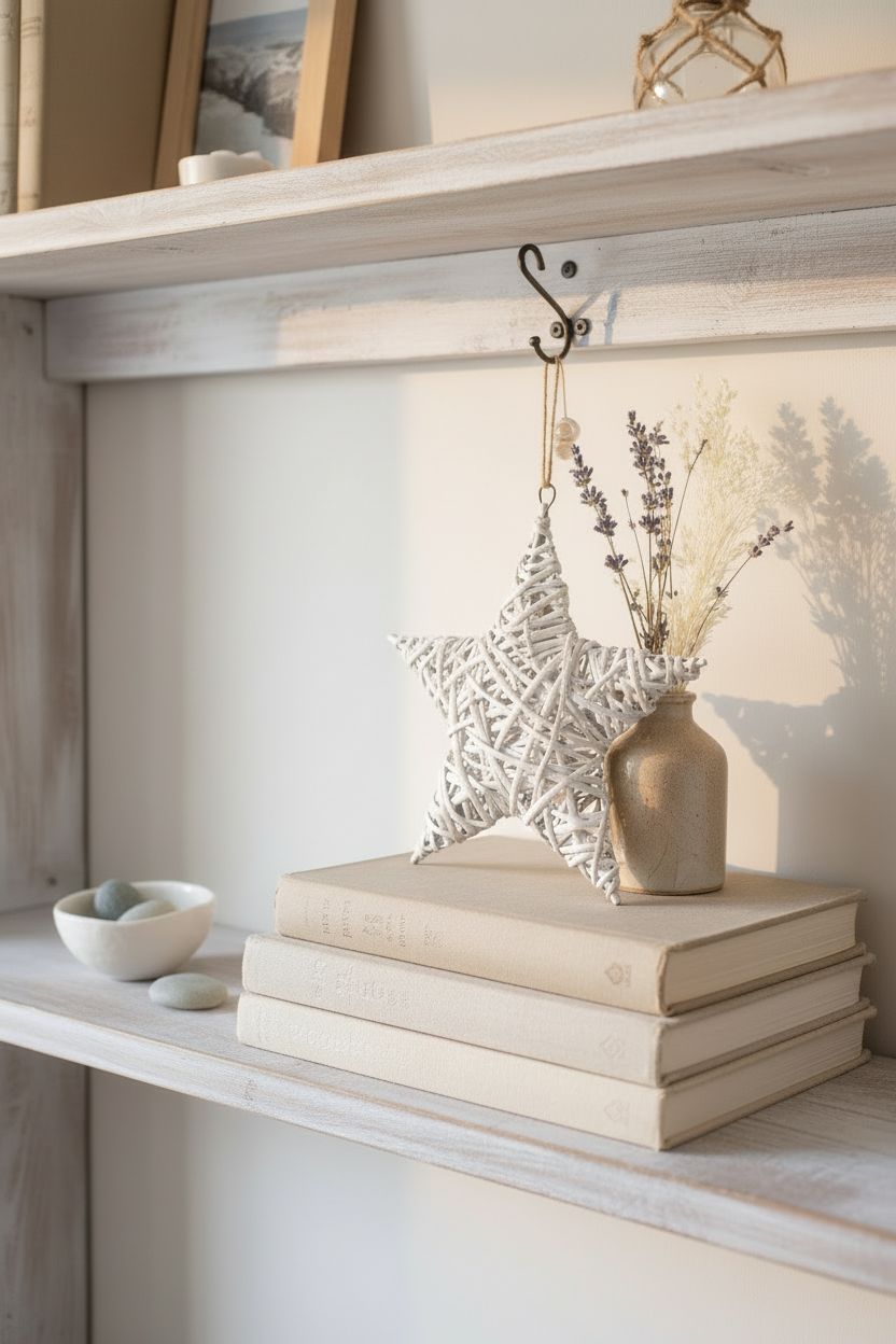 Decorative shelf with books, star-shaped object, and vase on a neutral background