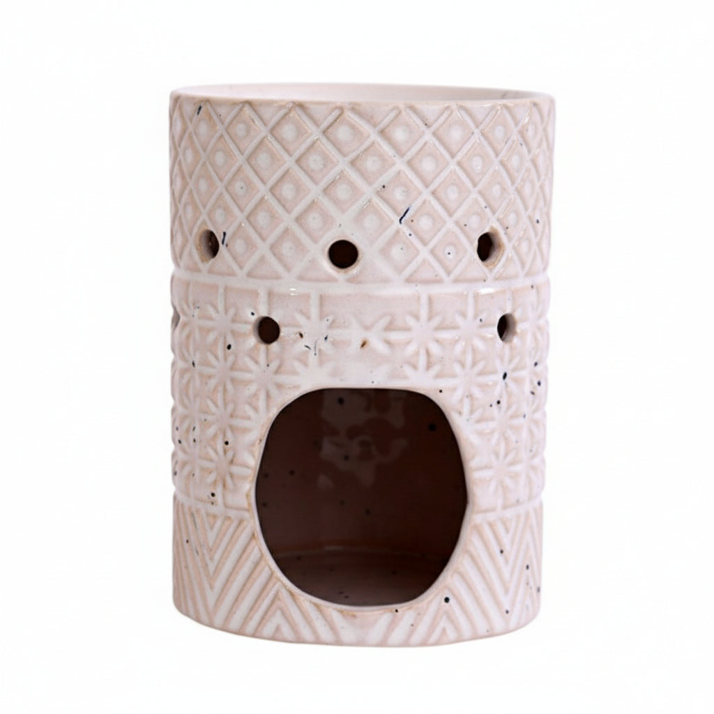 Stoneware wax melt burner with geometric pattern displayed on blank background for product showcase