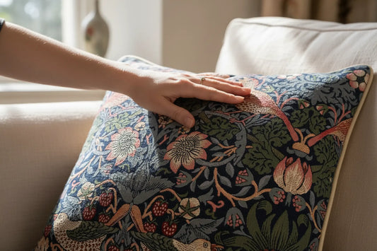 Strawberry Thief blue tapestry cushion UK showing Arts & Crafts heritage pattern detail close-up