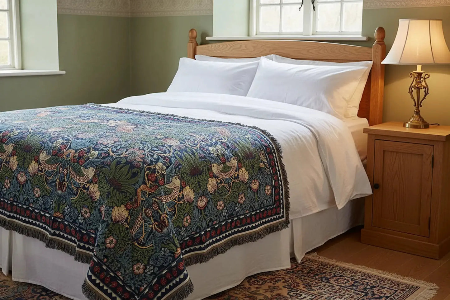 Strawberry Thief blue woven throw UK layered on farmhouse bed Arts & Crafts bedroom styling