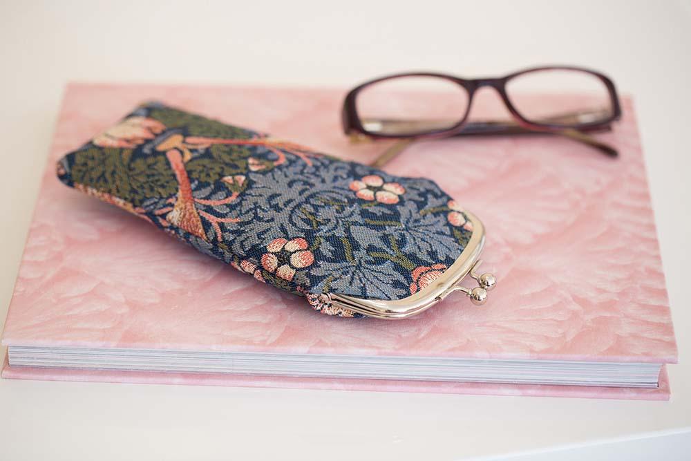 Strawberry Thief tapestry glasses case UK showing secure double clasp closure and compact slim profile for handbag storage