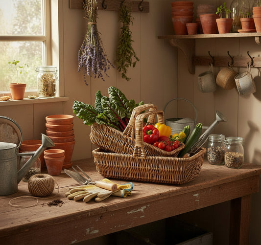 Rustic potting shed table with wicker baskets of fresh vegetables, gardening gloves, tools, and terracotta pots