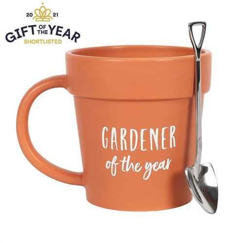 Terracotta plant pot mug with shovel spoon gardening gift UK