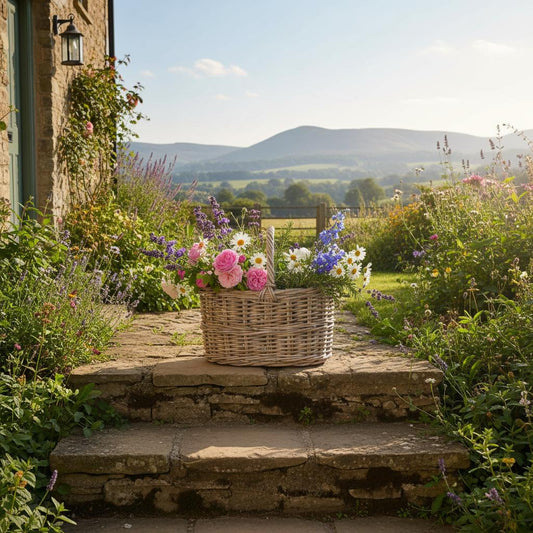 Grey rattan shopping basket with garden flowers on cottage steps Malvern UK