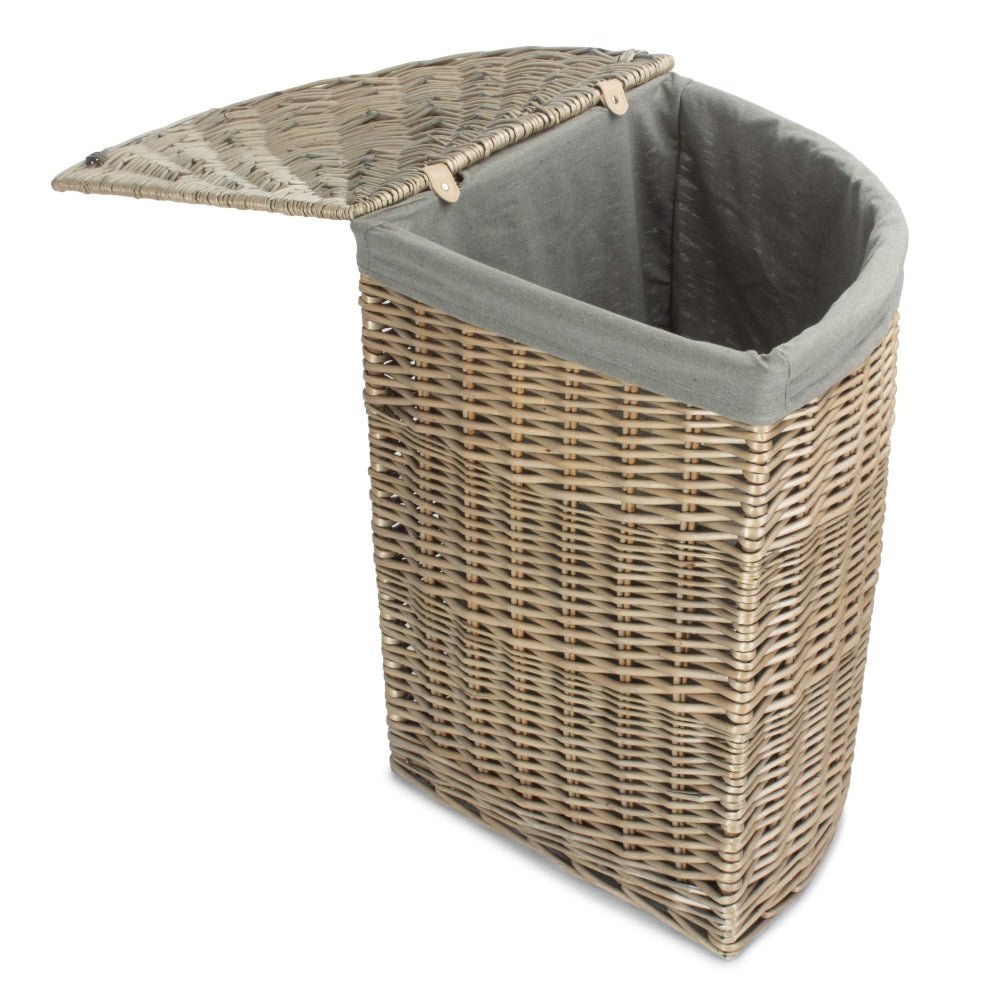 The Melford Corner Keeper – Antique Wash Linen Basket with Grey Sage Lining - The Timeless Trading Co.