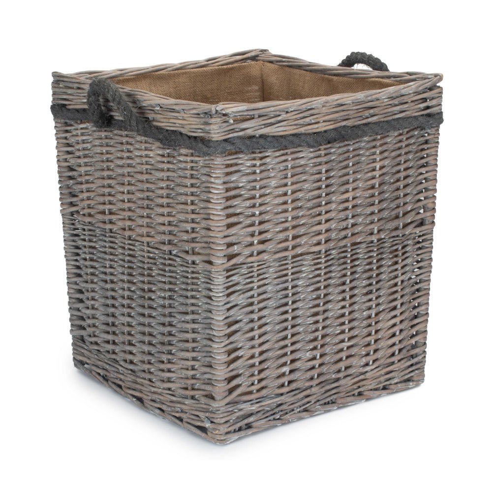 The Thornleigh Hearth Log Keeper – Grey Wash Willow & Hessian Lined - The Timeless Trading Co.