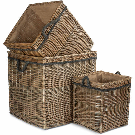 Thornleigh square wicker log basket antique wash 3 sizes hessian lined UK