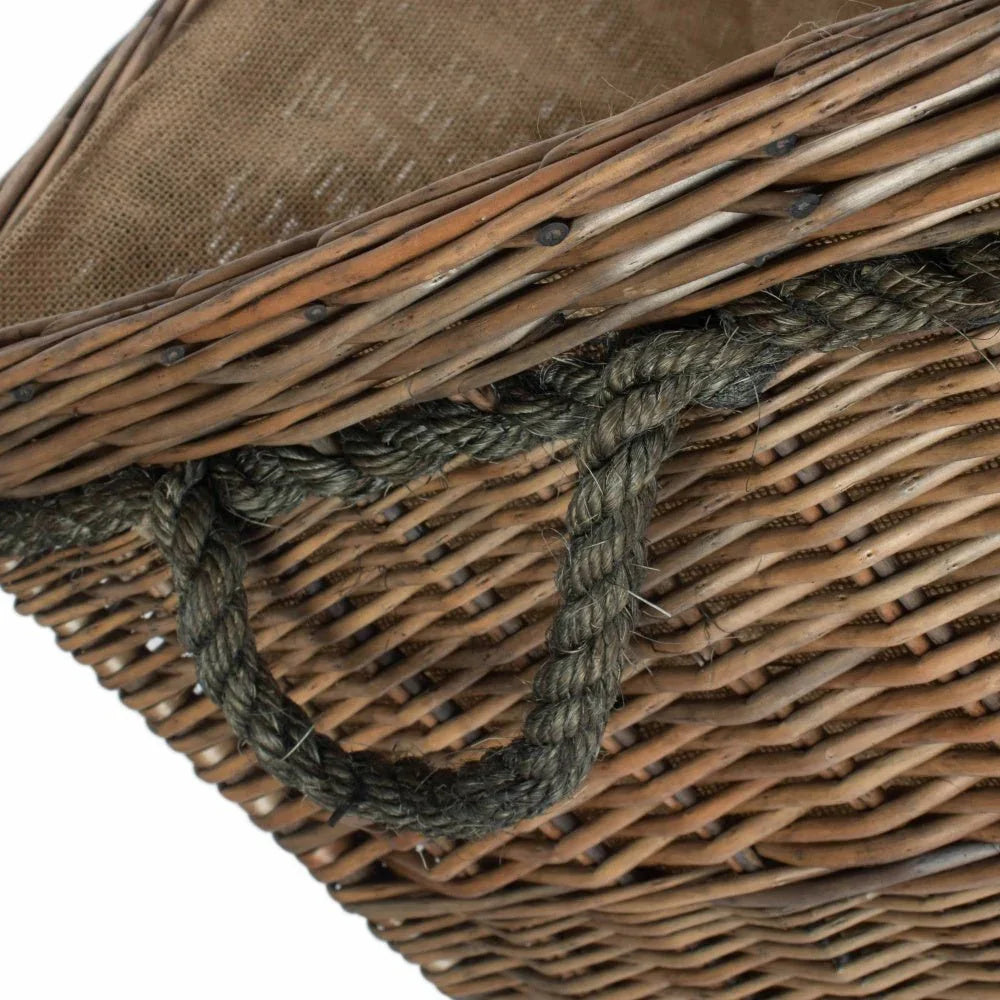Close-up wicker basket thick braided rope handle fabric lining detail UK