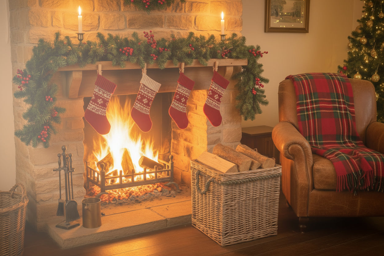 thornleigh squarewicker log basket in a festve scene by a fireside with stockings in a country cottage