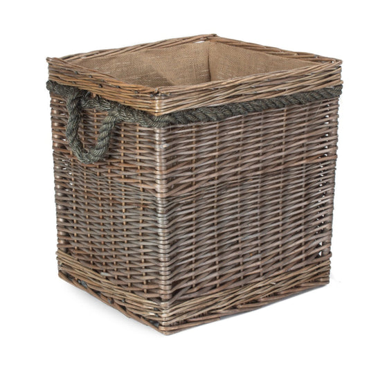 Thornleigh square wicker log basket with rope handles, handwoven fireside storage for logs