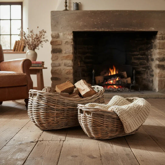 Boat-shaped rattan log baskets beside stone fireplace cottage sitting room UK