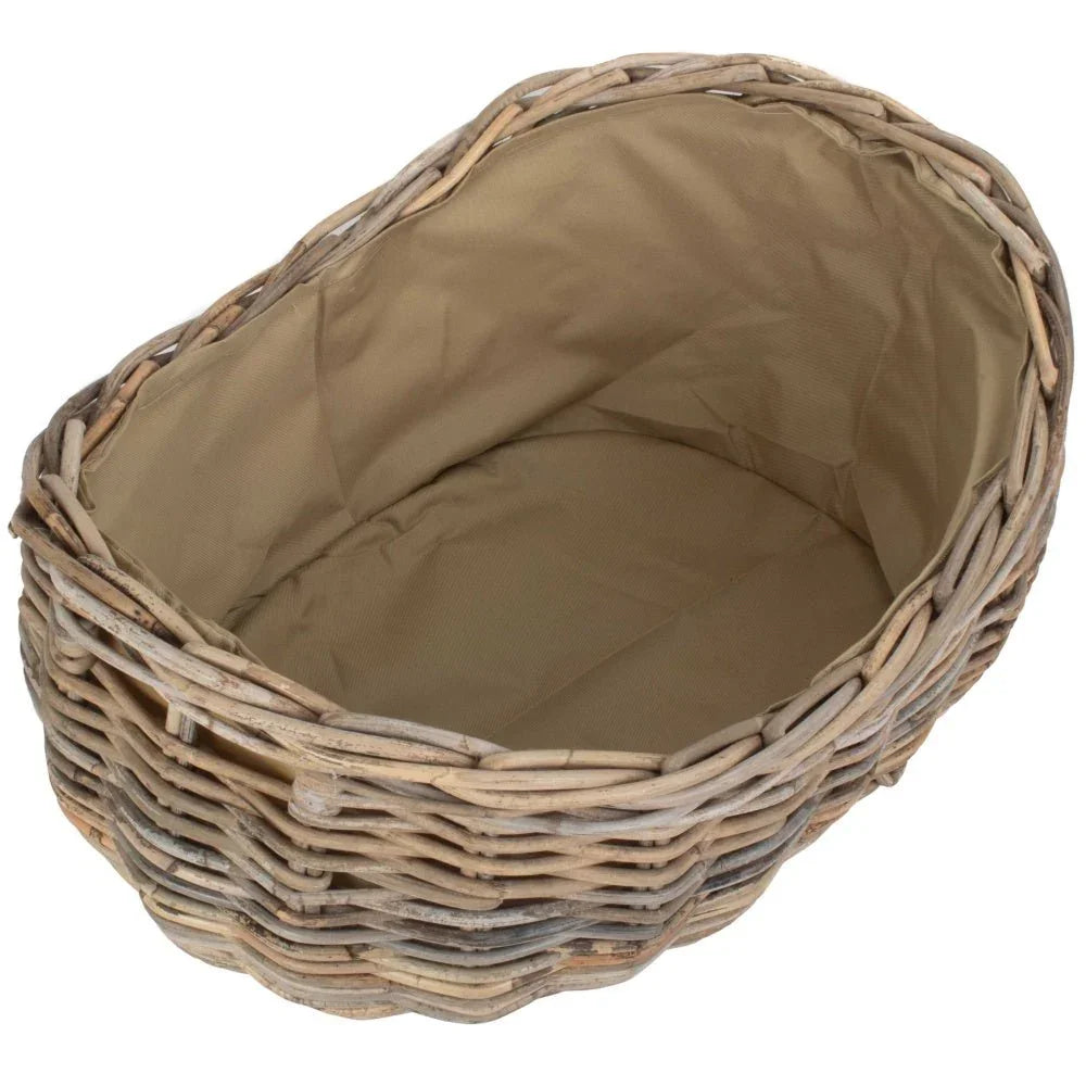 Small boat-shaped rattan wicker log basket brown Cordura lining UK