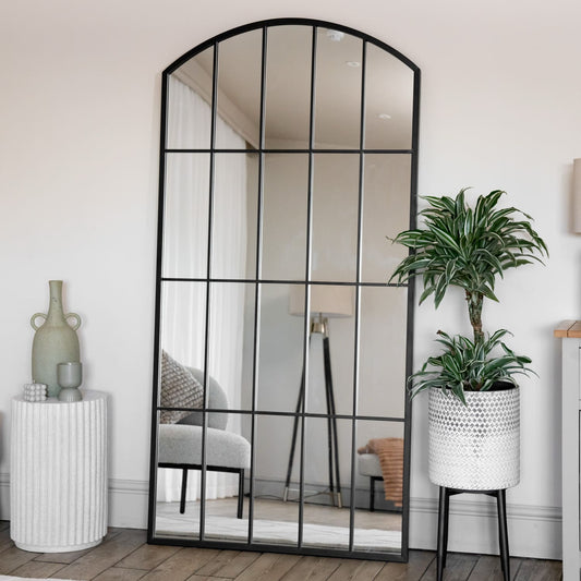 Full-length black arched lattice mirror with windowpane design — 150cm x 60cm frame styled for hallway charm and countryside interiors