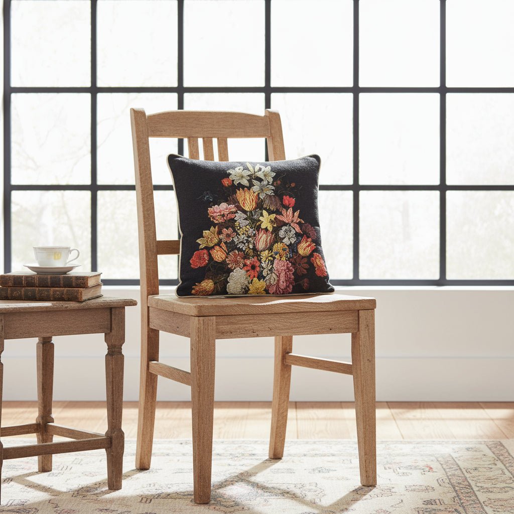 Van Li Vase cushion cover on wooden chair in reading nook, tapestry style, warm neutral tones, traditional country home setting