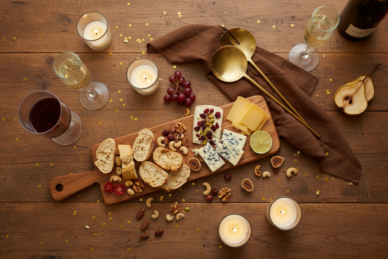 Acacia wood serving board in a rustic celebration scene with gold confetti