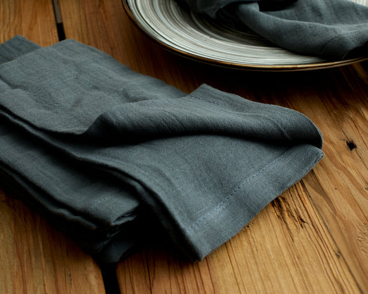 Wendell blue muslin napkin set, soft cotton table linens, close-up detail of fabric texture