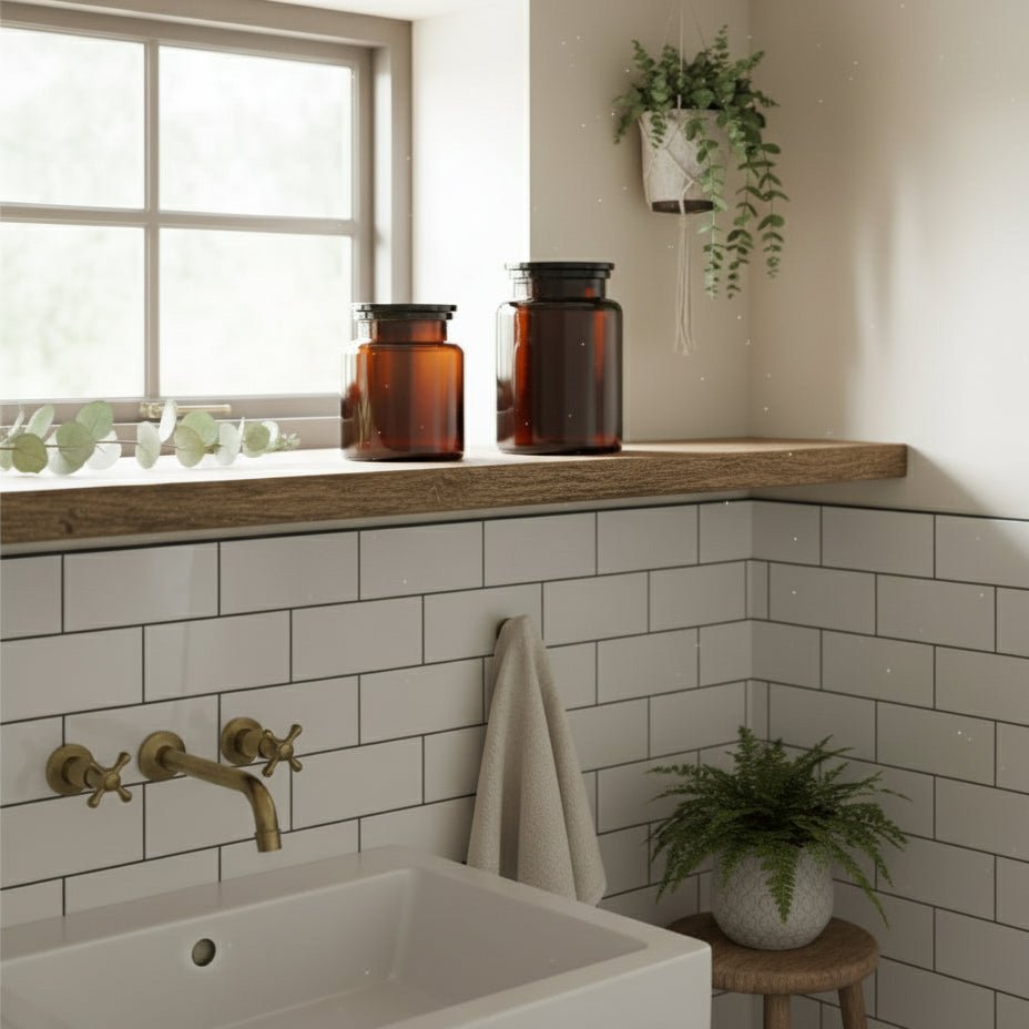 Wetherby amber glass storage jars with black lids styled on a bathroom window sill