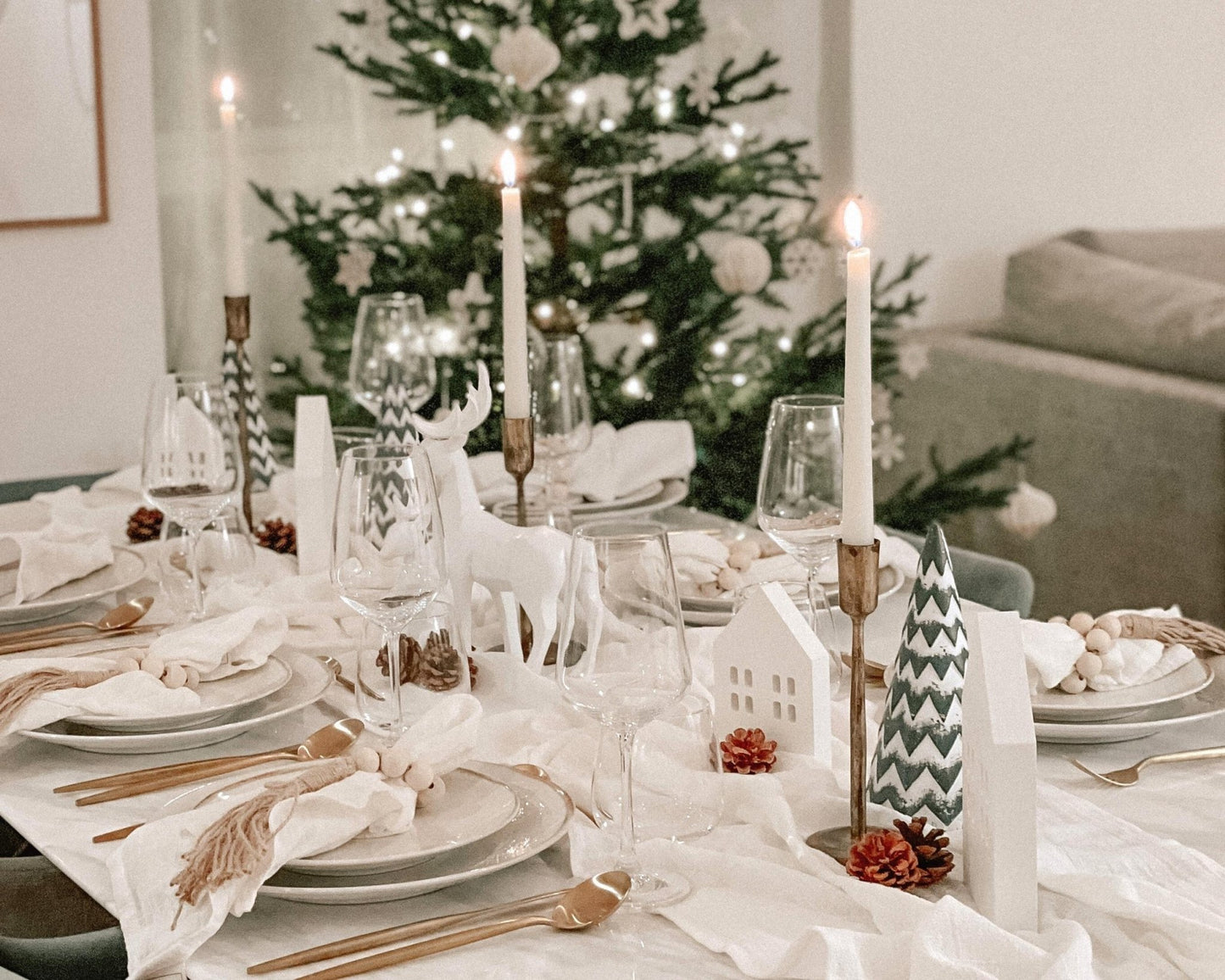 Whisper of Snow wooden Christmas tree rustic festive decor UK styled in a full festive tablescape