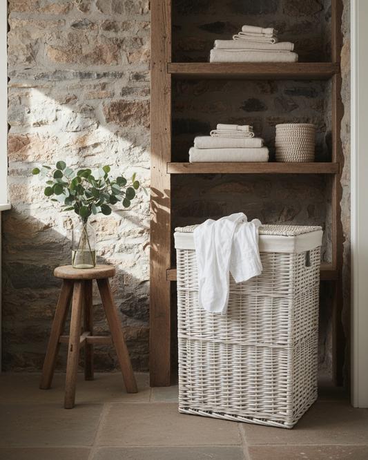 White wicker laundry hamper with secure lid breathable storage cottage bathroom UK