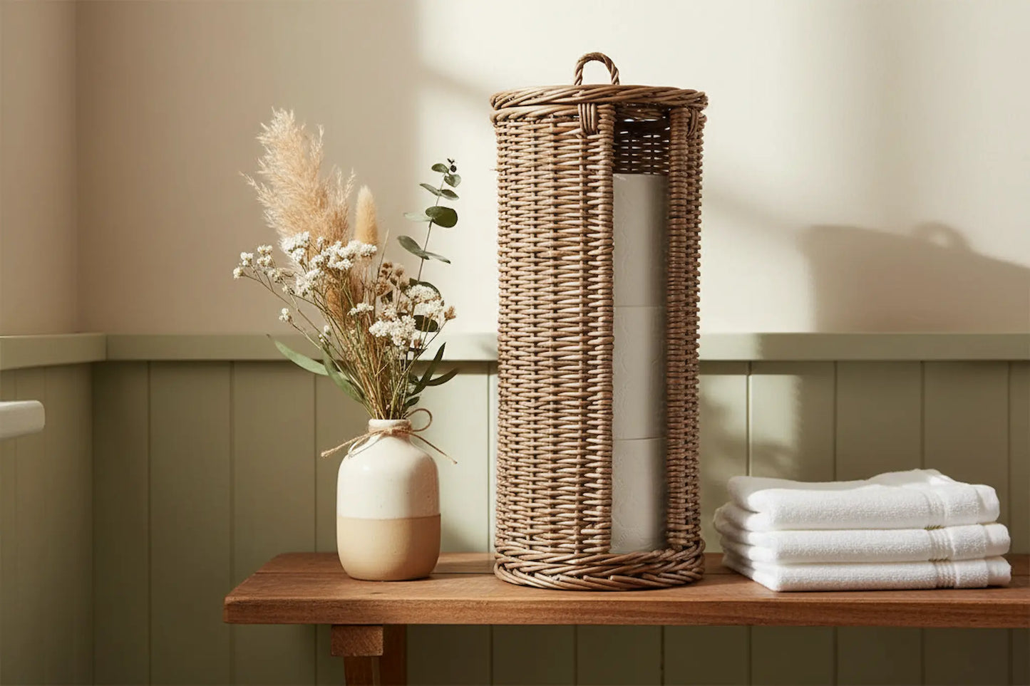 Wicker toilet roll basket wooden shelf farmhouse bathroom green wall UK