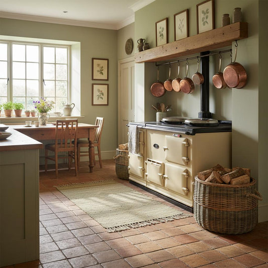 Large wicker log basket beside cream Aga country kitchen heritage home interior UK