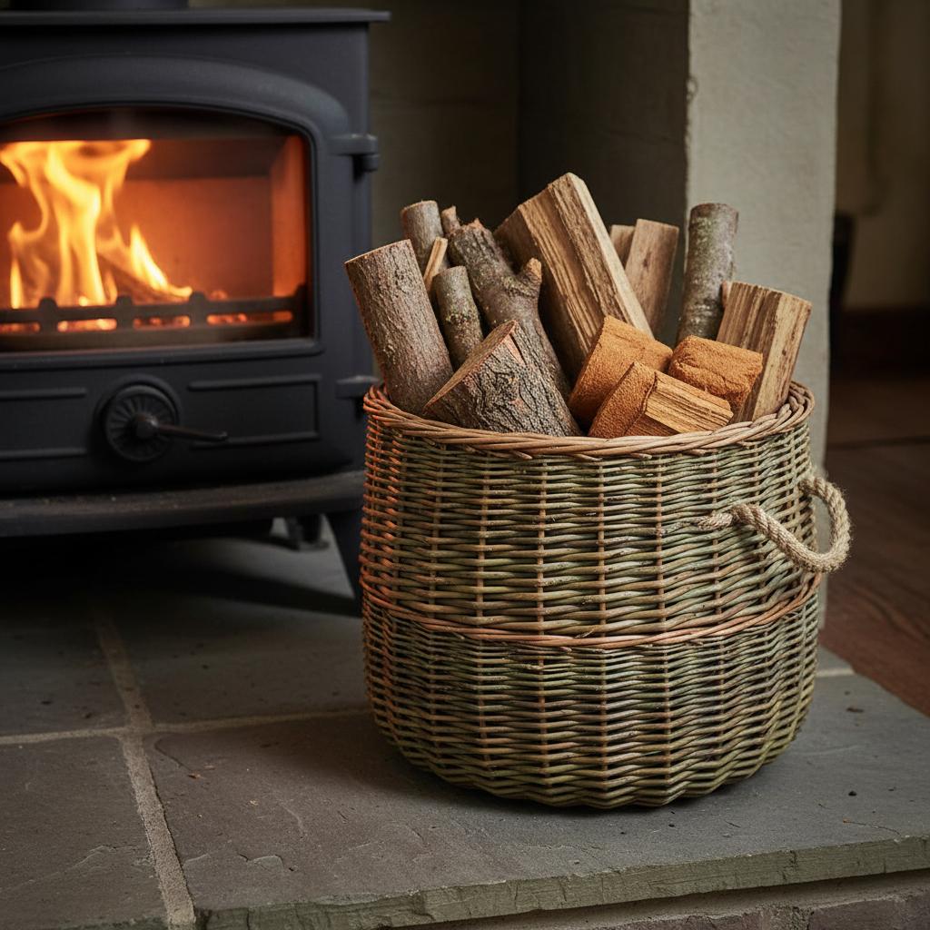 Handwoven wicker log basket filled with logs beside wood stove fireside UK