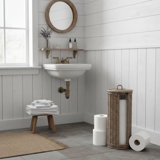 Natural wicker toilet roll holder 22cm diameter cottage bathroom storage UK