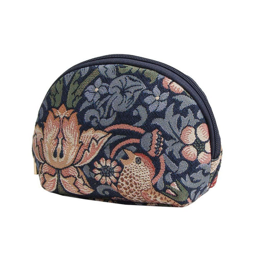 William Morris blue cosmetic bag UK angled view showing tapestry weaving Arts & Crafts design