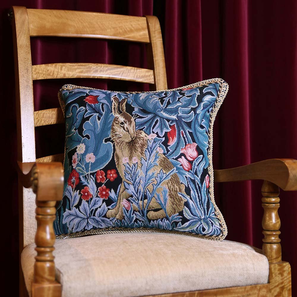 William Morris Forest Hare cushion on antique wooden chair, double-sided tapestry, heritage styling