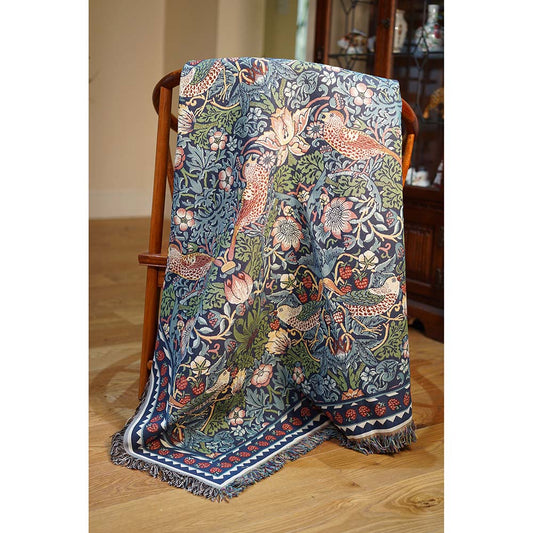 William Morris Strawberry Thief blue woven throw UK 140cm Jacquard tapestry Arts & Crafts
